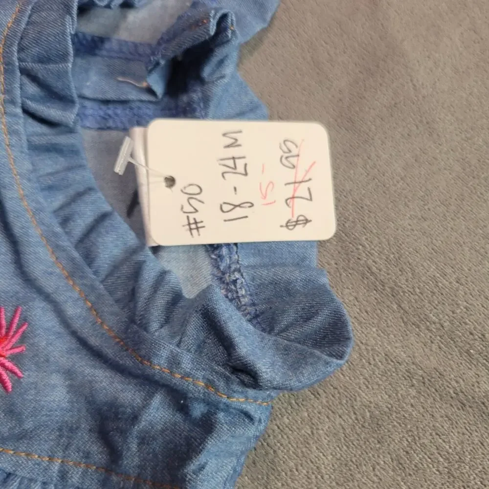 Boutique‎ Dress Girls Blue Pink Embroidered Flowers Chambray Size 18-24 Used